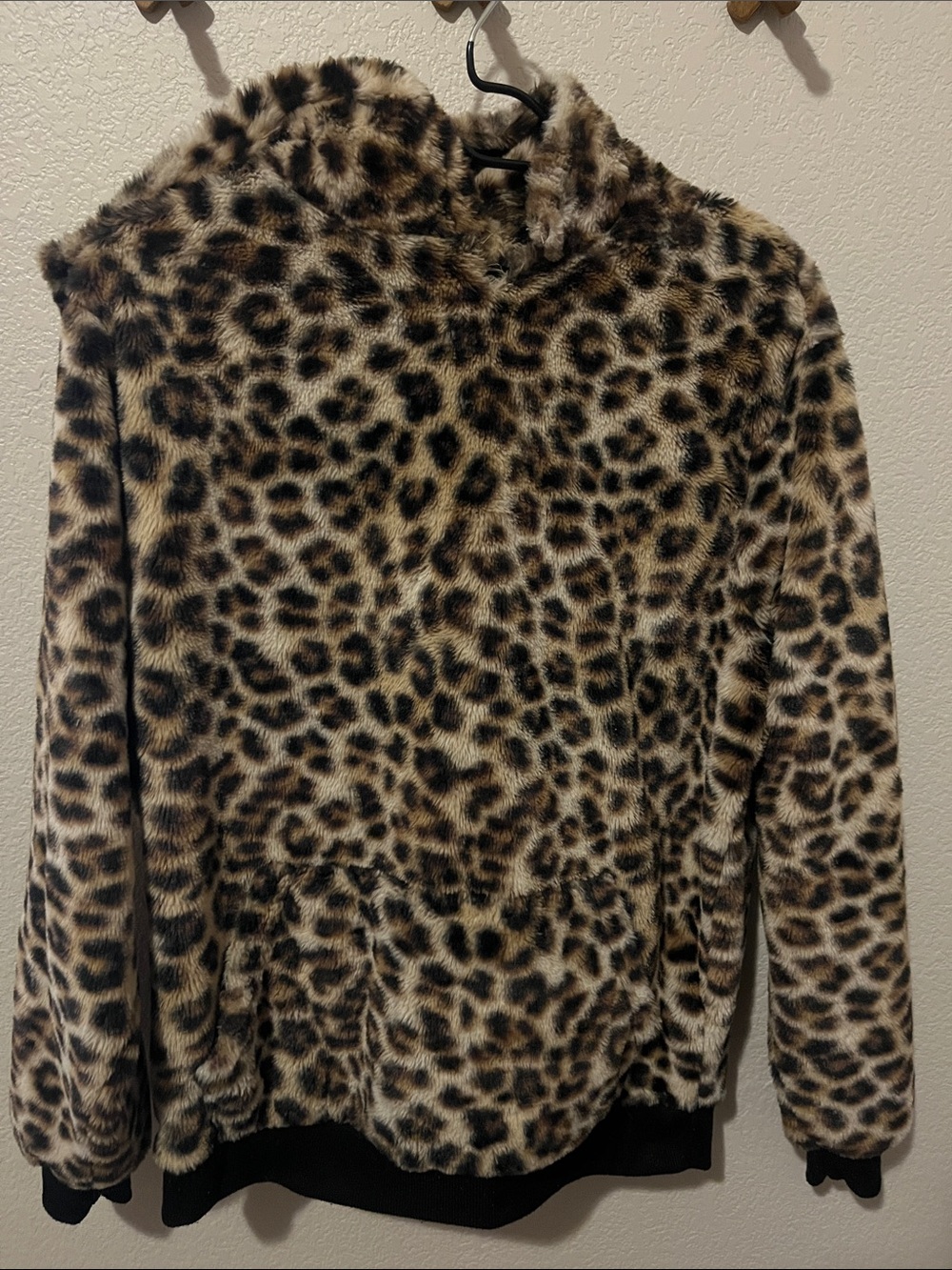 Faux Fur Leopard Print Hoodie